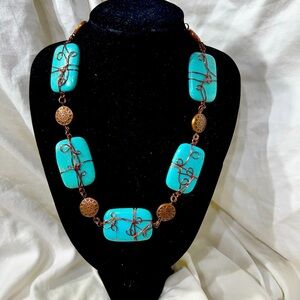 Tica Rosa Turquoise Chalcedony Necklace W/ Copper Beads Wrapped in Copper Wire.